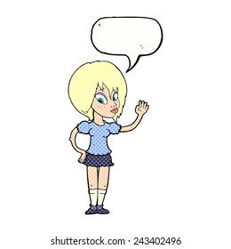 cartoon pretty woman waving with speech bubble