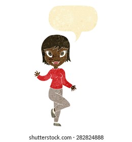 cartoon pretty woman waving with speech bubble