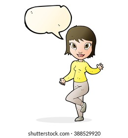 cartoon pretty woman waving with speech bubble