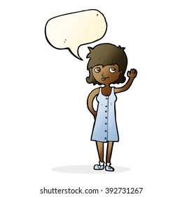 cartoon pretty woman waving with speech bubble