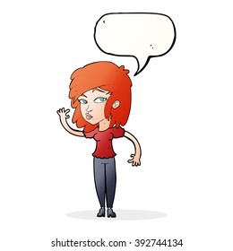 cartoon pretty woman waving with speech bubble