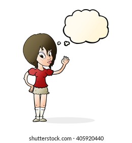 cartoon pretty woman waving with thought bubble