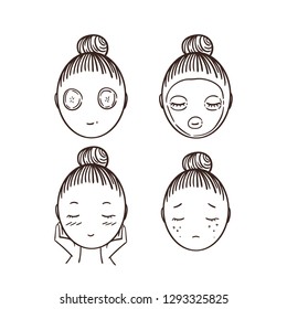 Cartoon pretty young women with various hair style different types of mask and type of skin. Skincare illustration set.