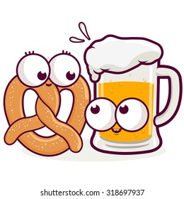 Cartoon Pretzel And Beer Characters. Vector Illustration