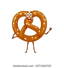 Cartoon pretzel character, funny bakery bread, vector funny food with face and smile. Pretzel snack or happy pastry emoji with eyes, German bread or Oktoberfest snack emoticon and comic personage