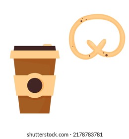 Cartoon pretzel and coffee cup seamless pattern on white background
