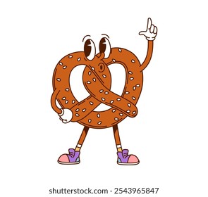 Cartoon Brezel groovy Fast-Food-Charakter. Einzeln Vektor funky fröhlich Bretzel Retro-Persönlichkeit für bayerische oder deutsche Café-Menü. Gebäck Bäckerei Dessert mit Sprinkles. Nette Oktoberfest-Patisserie