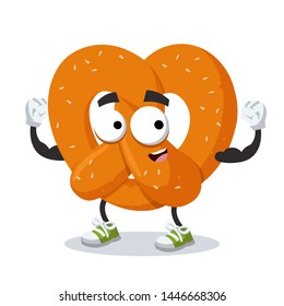 cartoon pretzel with sesame seeds mascot shows its strength on a white background