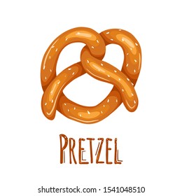 Cartoon pretzel with sprinkling and lettering. German appetizer. Treats for the holidays. Bakery product. Vector object for poster, articles, menus, cards and your creativity.