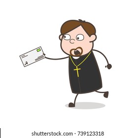 Cartoon Priest Running with Letter Vector