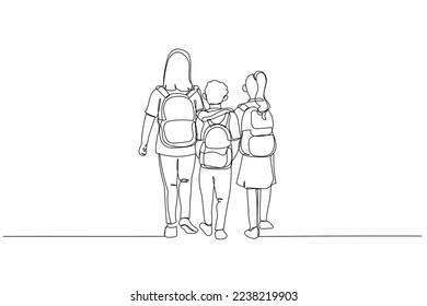 Cartoon of primary school girls in casual clothes walking cross a simple suspension. One line art style
