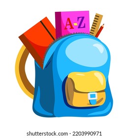 Cartoon primary schoolbag. Childish school backpacks with supplies in open pockets, colorful bright bags and rucksacks. Vector illustration