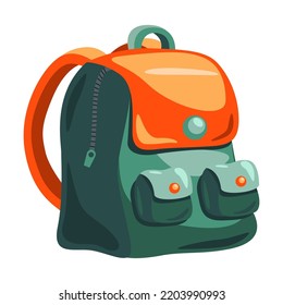 Cartoon primary schoolbag. School backpacks with supplies in open pockets, colorful bright bags and rucksacks. Vector illustration