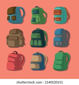 Cartoon primary schoolbags set colorful bright bags and rucksacks