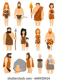 Cartoon primitive primordial people primeval caveman character set of civilization human vector illustration