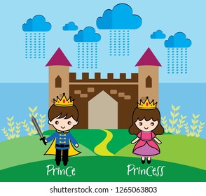 Cartoon Prince   cute princess and castle  sky scenery   green mountains