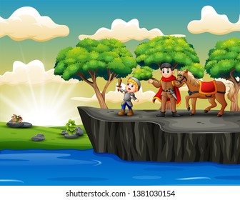 Cartoon the prince with a knight standing on the cliff