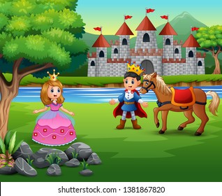 Cartoon prince and princess with a castle background