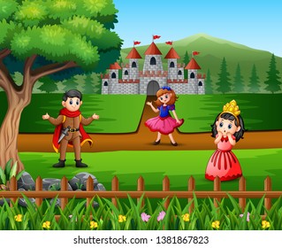 Cartoon prince and princess in front of the castle