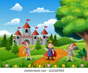 Cartoon of prince with two knight on the road leading to a castle