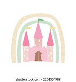 Cartoon princess castle. Childish graphic. Vector hand drawn illustration.