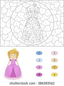 Cartoon princess. Color by number educational game for kids. Illustration for schoolchild and preschool