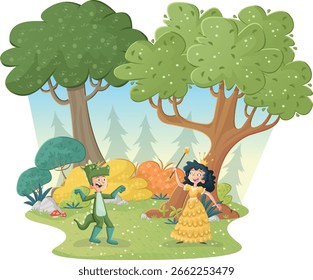 Princesa de dibujos animados y dragón en el bosque. Mundo mágico con personajes de cuento de hadas. 