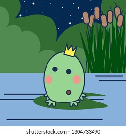 Cartoon princess frog with crown on a swamp.
