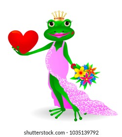 Cartoon princess frog with heart and flowers in their hands.                                                                                  