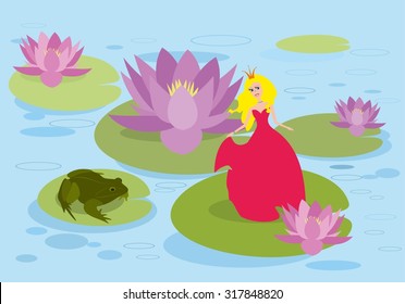 Cartoon Princess And Frog On A Swamp. Illustration For The Children. Cute Princess With Frog Vector Illustration.