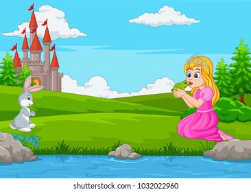 Cartoon princess kissing a green frog