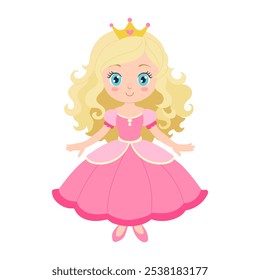 Uma princesa de desenho animado com cabelo loiro longo e um vestido rosa. Ela está sorrindo e tem uma coroa na cabeça