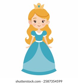  cartoon princess with long blonde hair and a blue dress. She is smiling and has a crown on her head. Doll for Kids.Suitable for children's books, sticker,t shirt design, mascot, logo. Pro Vector