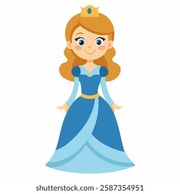  cartoon princess with long blonde hair and a blue dress. She is smiling and has a crown on her head. Doll for Kids Suitable for children's books, sticker,t shirt design, mascot, logo. Pro Vector