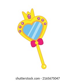 Cartoon princess mirror with bow and crown. Vector clip art