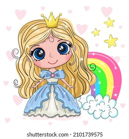 Cartoon Princess on a color background with rainbow.. Cute girl. Good for greeting cards, invitations, decoration, Print for Baby Shower etc. Hand drawn vector illustration with girl cute print