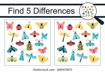 Cartoon princesses in beautiful dresses. Find 5 differences. Educational game for children. Vector illustration of a flat cartoon style.