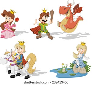 Cartoon princesses and princes with dragon and frog