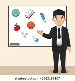 cartoon of principal pointing to white board