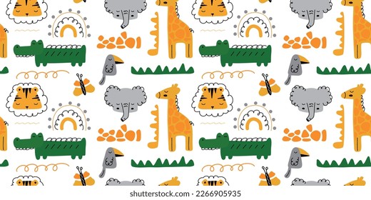 Cartoon print African animals. Seamless pattern with tiger, giraffe, toucan, crocodile, elephant, butterfly and rainbow. Cute pattern for children's room, children's wallpaper, books, clothes.