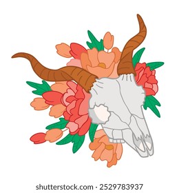 Estampado de dibujos animados con cráneo de toro decorado con flores. Composición de animal muerto con cuernos retorcidos y ramo floral. Diseño de Vector aislado en fondo blanco. Ilustración de color plano del oeste salvaje.