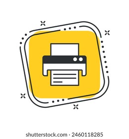 Cartoon printer icon vector illustration. Printout icon on isolated yellow square background. Print sign concept.