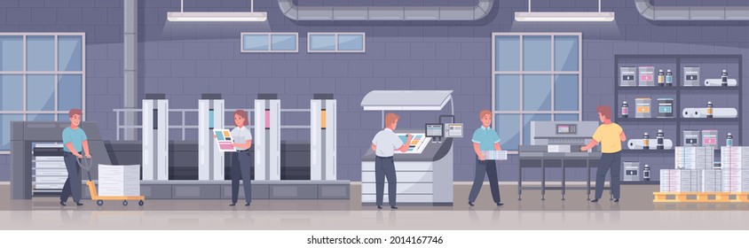 Cartoon printing house polygraphy composition the workday at the printer and five people perform their job duties vector illustration svg