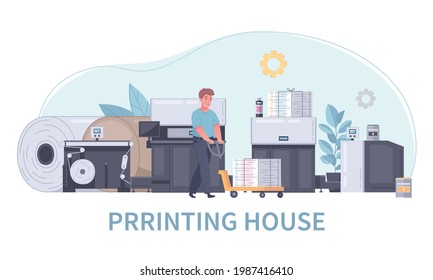 Cartoon printing house polygraphy concept an employee carries printed papers on a special cart vector illustration