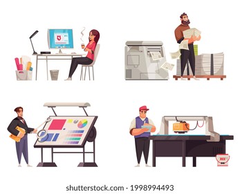 Composiciones de la industria de la poligrafía de la imprenta de caricaturas montadas con trabajadores del editor de diseñadores en sus lugares de trabajo ilustraciones vectoriales aisladas