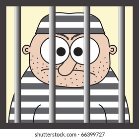 Cartoon prisoner behind the bars, funny vector illustration.