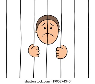 Prisionero caricaturista con barras de prisión, ilustración vectorial. Bordes de colores y negros.