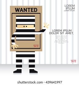 Cartoon prisoner man on wanted poster.