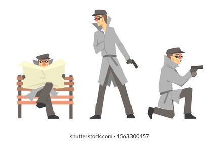 Cartoon Private Detective Character Doing Daily Work Vector Illustration Set Isolated On White Background