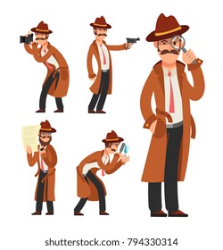 Cartoon private detective. Police inspector vector character set. Police detective and inspector cartoon character illustration